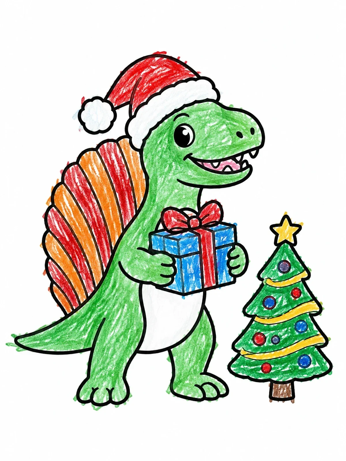 Colored example of the Cute Dimetrodon Celebrating Christmas coloring page