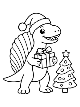 A cheerful dimetrodon coloring page featuring a Santa hat, a Christmas gift, and a tree.