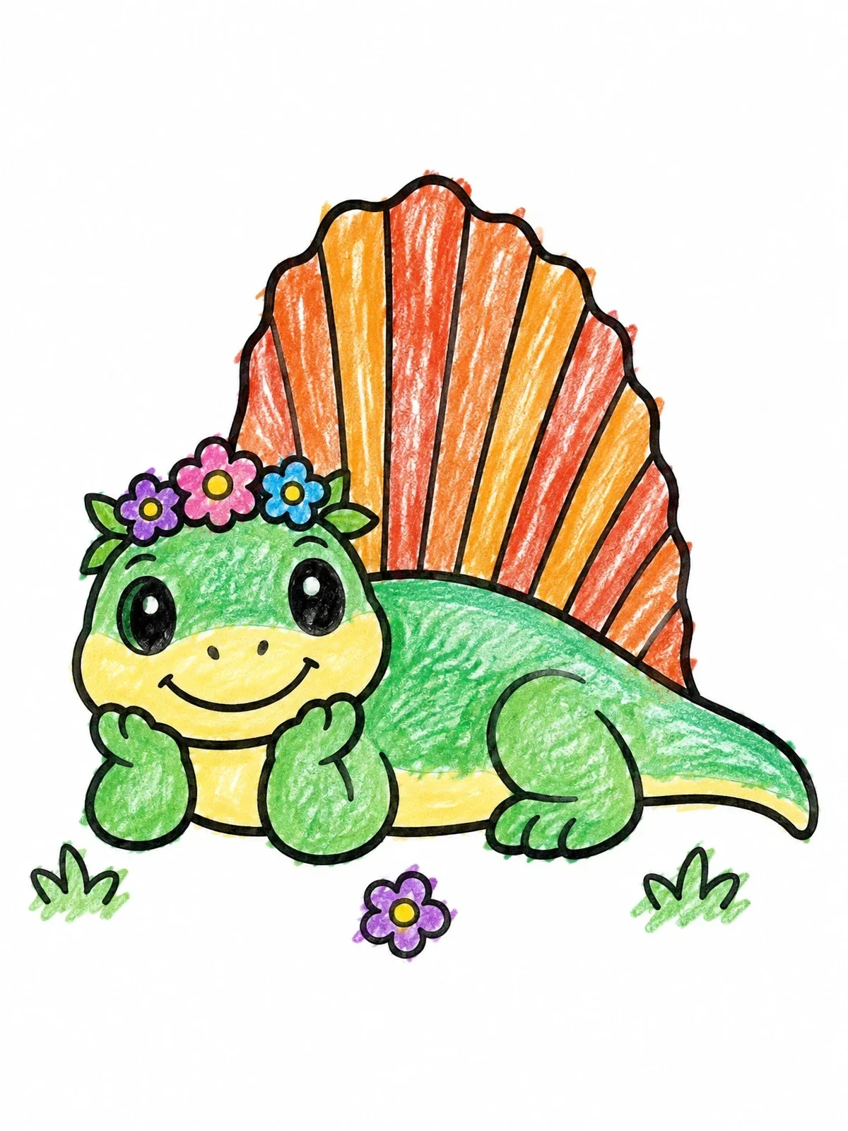 Colored example of the Cute Dimetrodon With Flower Crown coloring page