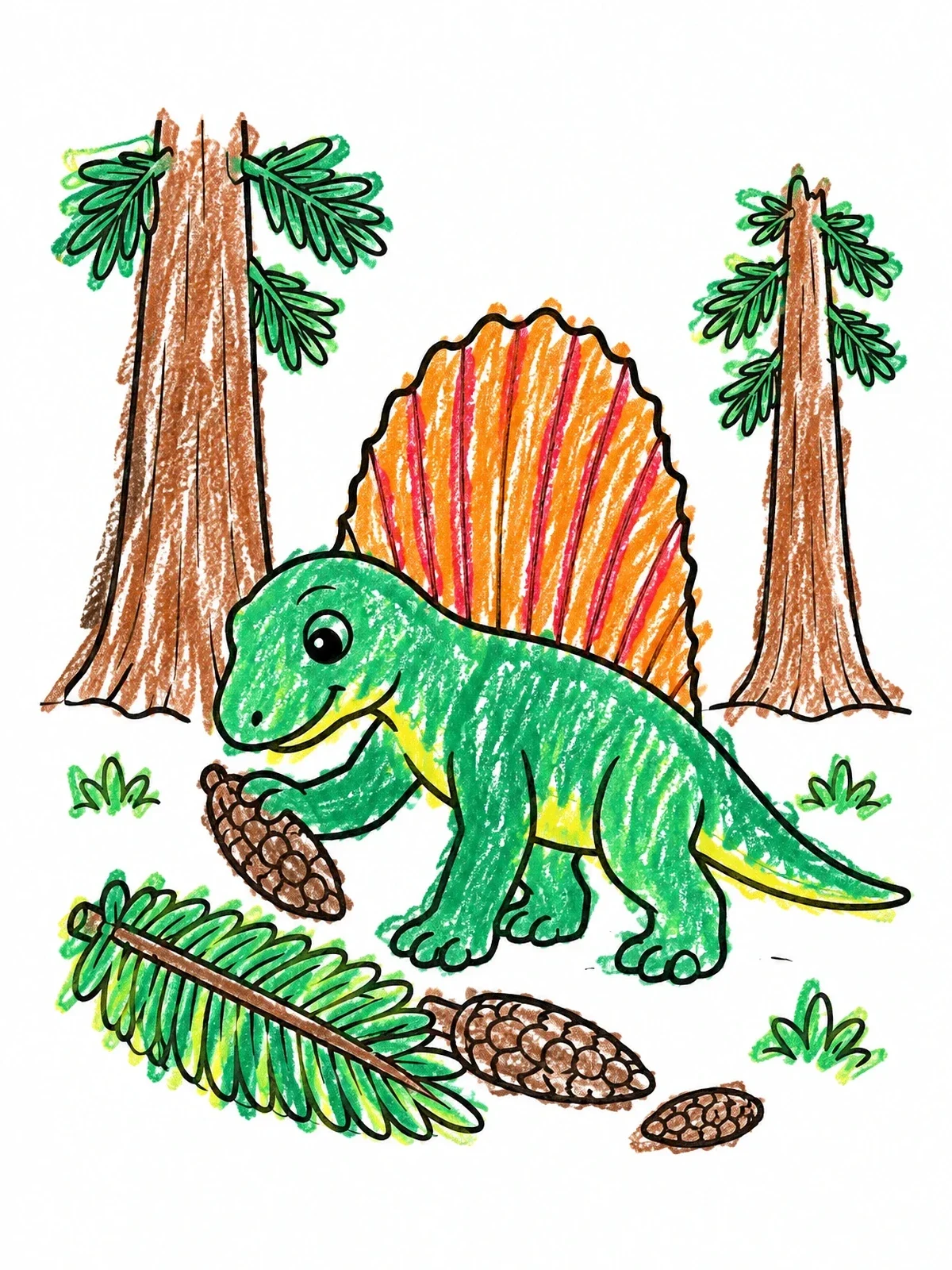 Colored example of the Cute Dimetrodon In Prehistoric Forest coloring page