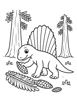 A friendly dimetrodon coloring page featuring prehistoric trees, giant cones, and a palm frond.
