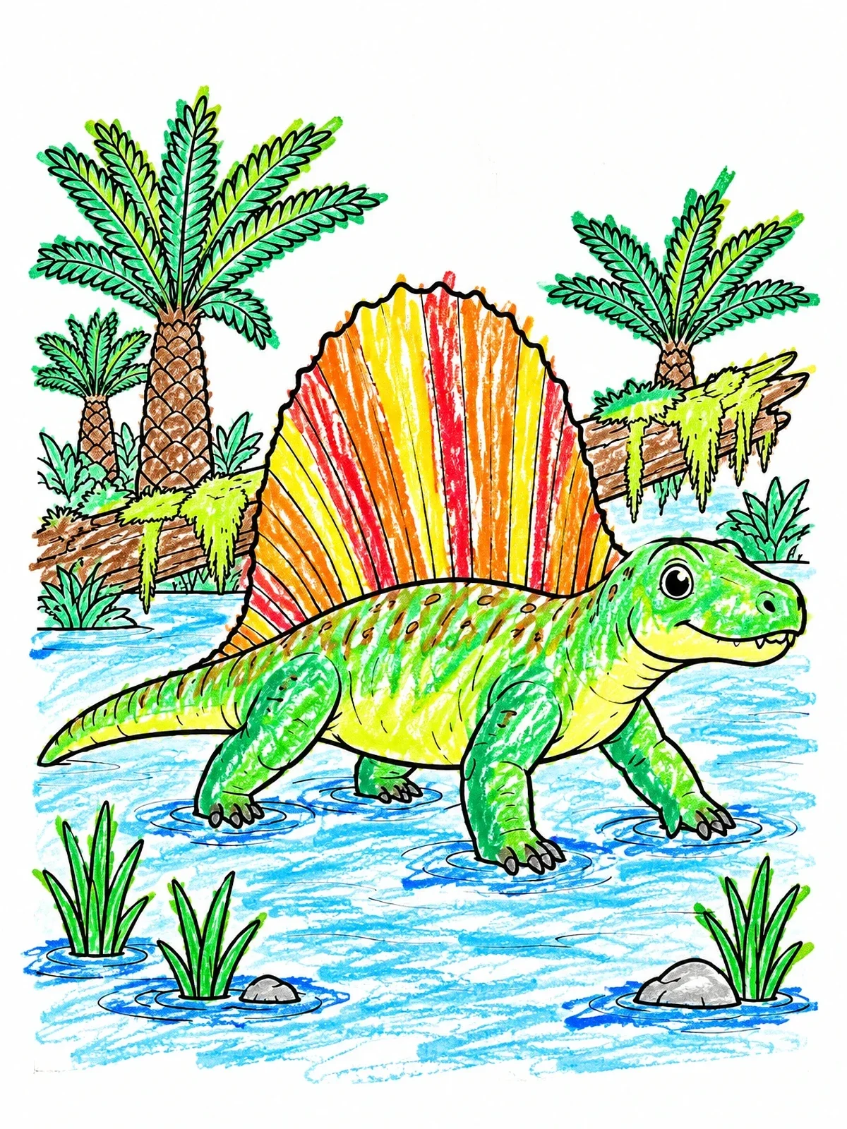 Colored example of the Cute Dimetrodon In Prehistoric Swamp coloring page