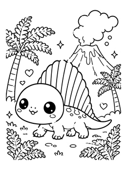 A cute dimetrodon coloring page with a smoking volcano and palm trees.