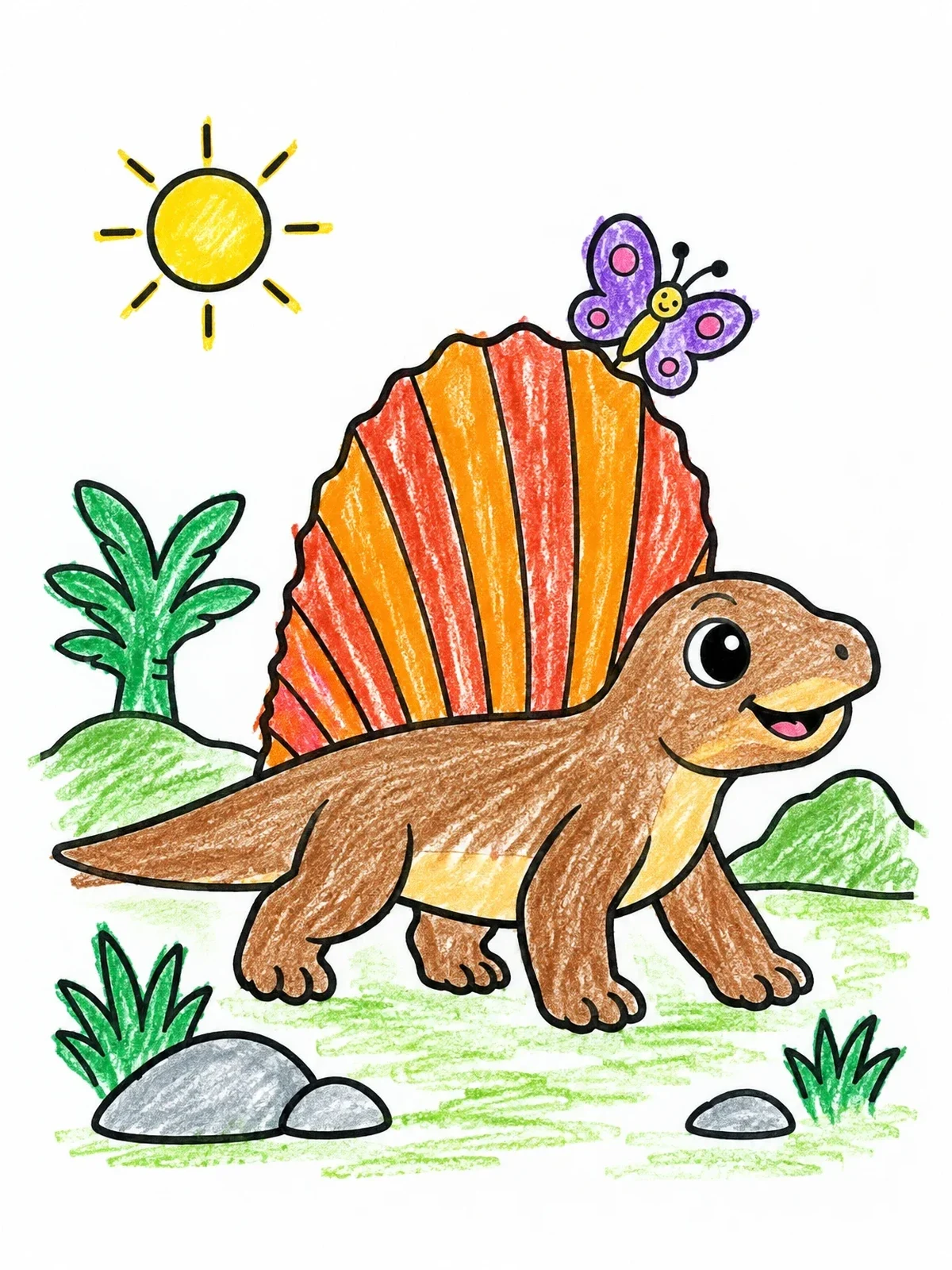 Colored example of the Cute Dimetrodon With Butterfly coloring page