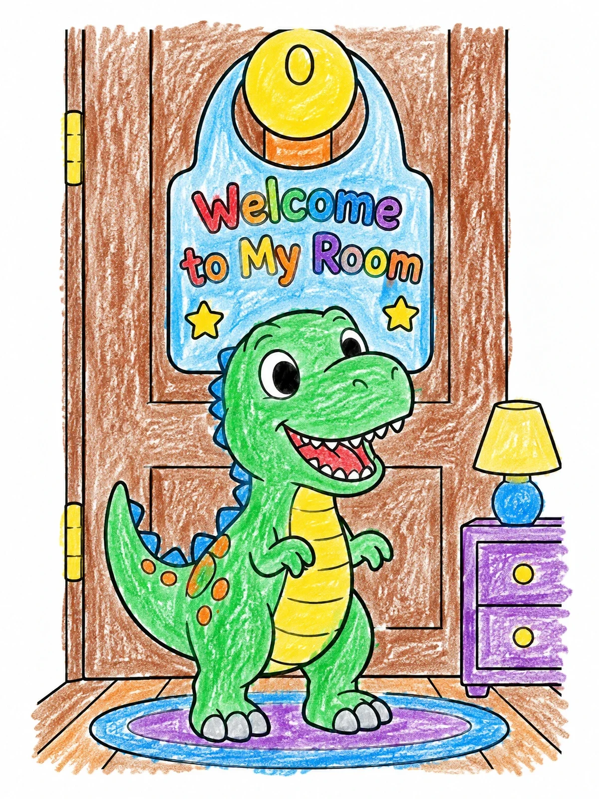Colored example of the Cute Dinosaur By Bedroom Door coloring page