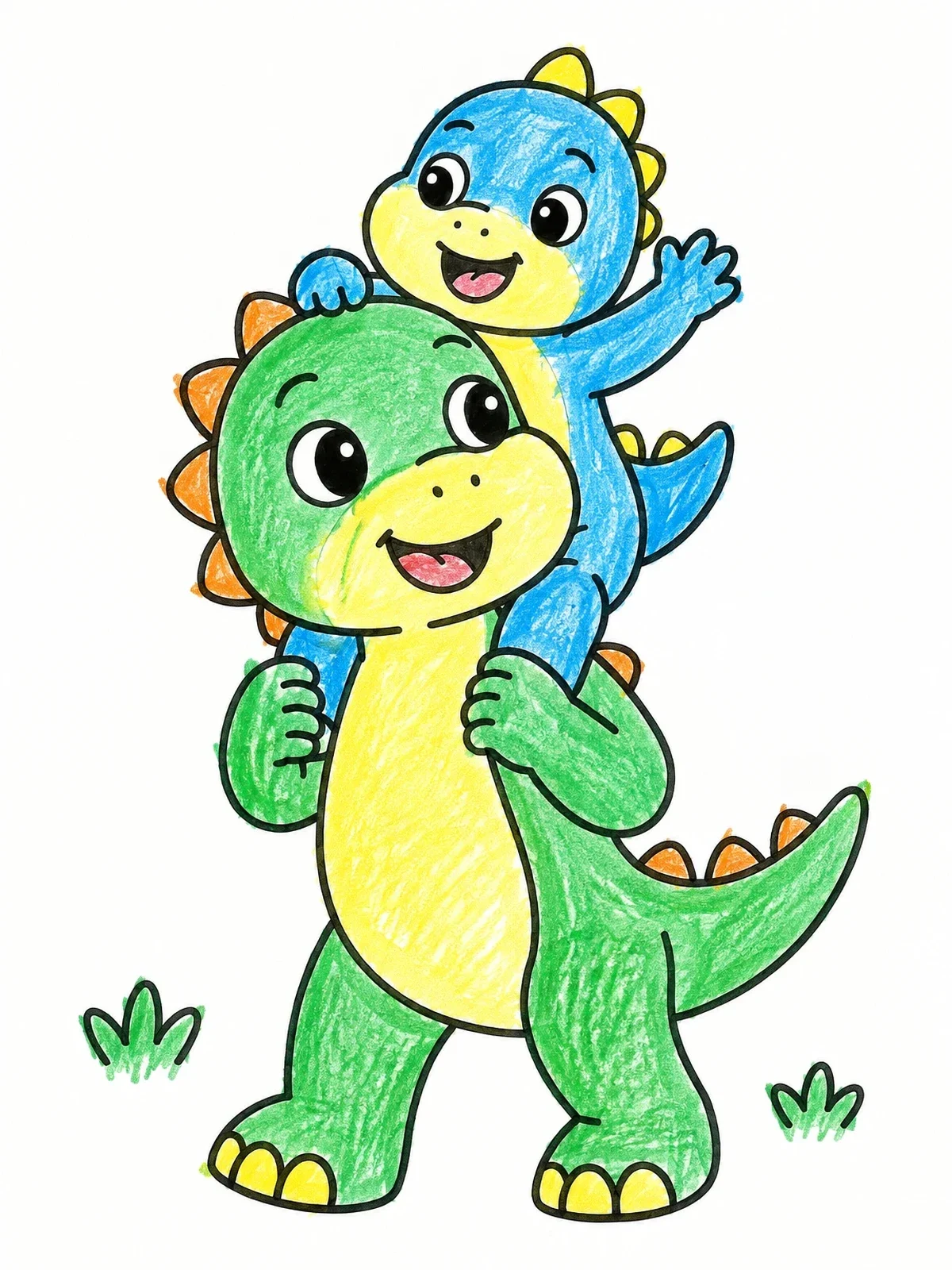 Colored example of the Cute Dinosaur Brothers Piggyback Ride coloring page