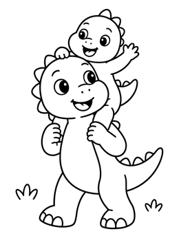 A sweet brother coloring page showing a friendly dinosaur carrying his little sibling.