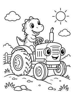 Free printable Cute Dinosaur Driving A Tractor coloring page