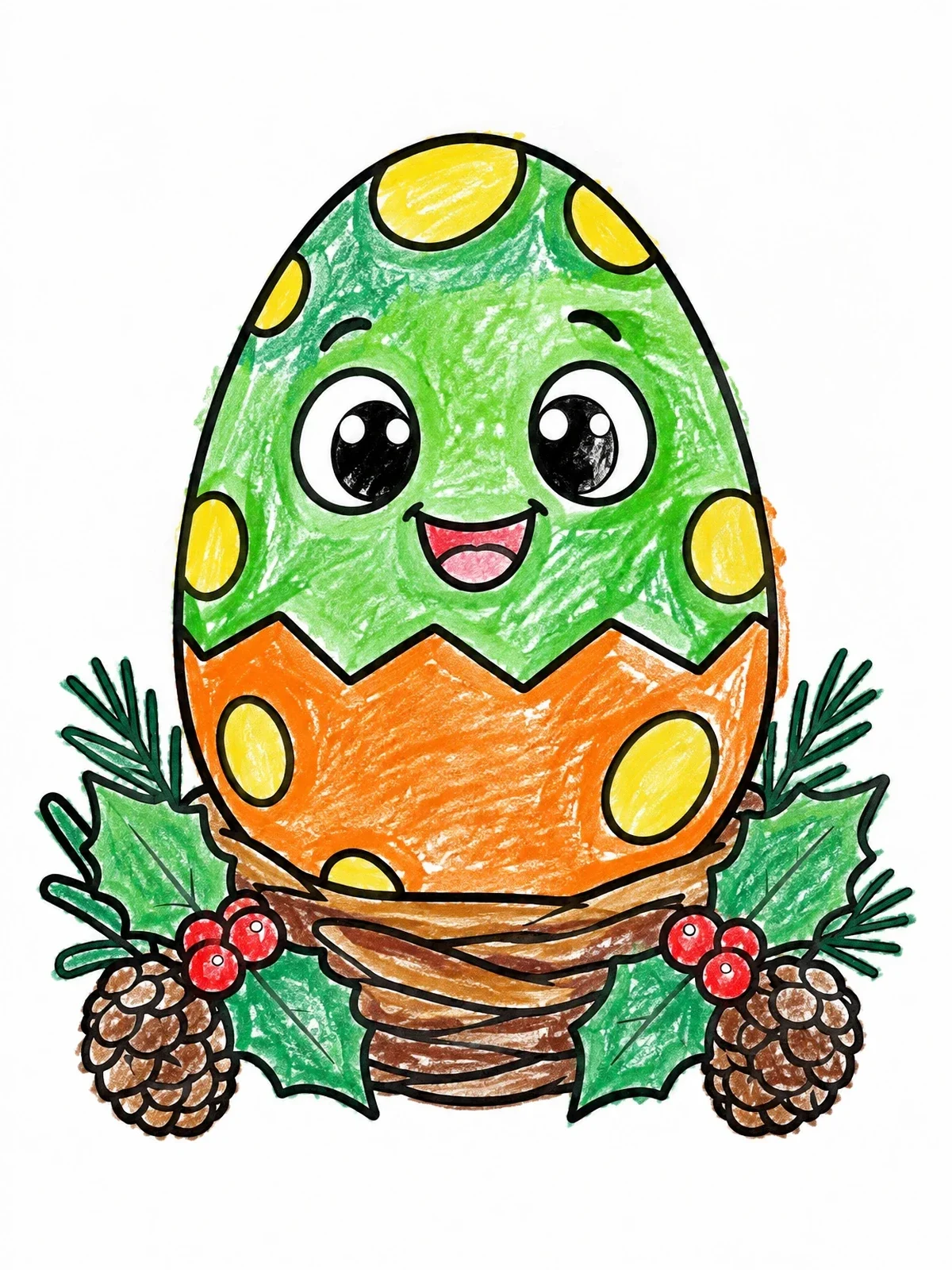 Colored example of the Cute Dinosaur Egg In Holiday Nest coloring page