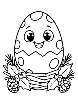 A cheerful dinosaur egg coloring page resting in a nest with holly leaves and pinecones.