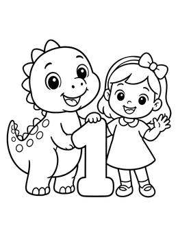 Free printable Cute Dinosaur And Girl With Number 1 coloring page