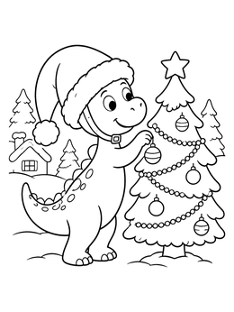 Free printable Cute Dinosaur In Santa Hat Decorating Tree coloring page