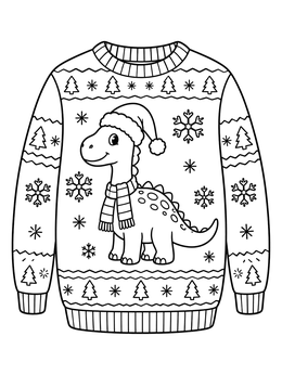 A friendly dinosaur in a Santa hat on an ugly sweater coloring page.