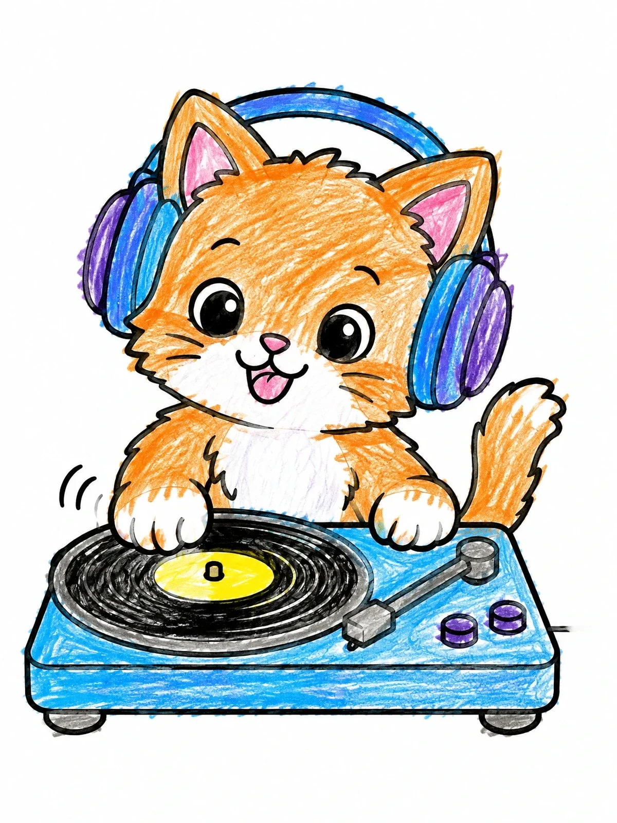 Colored example of the Cute Dj Kitten At Turntable coloring page