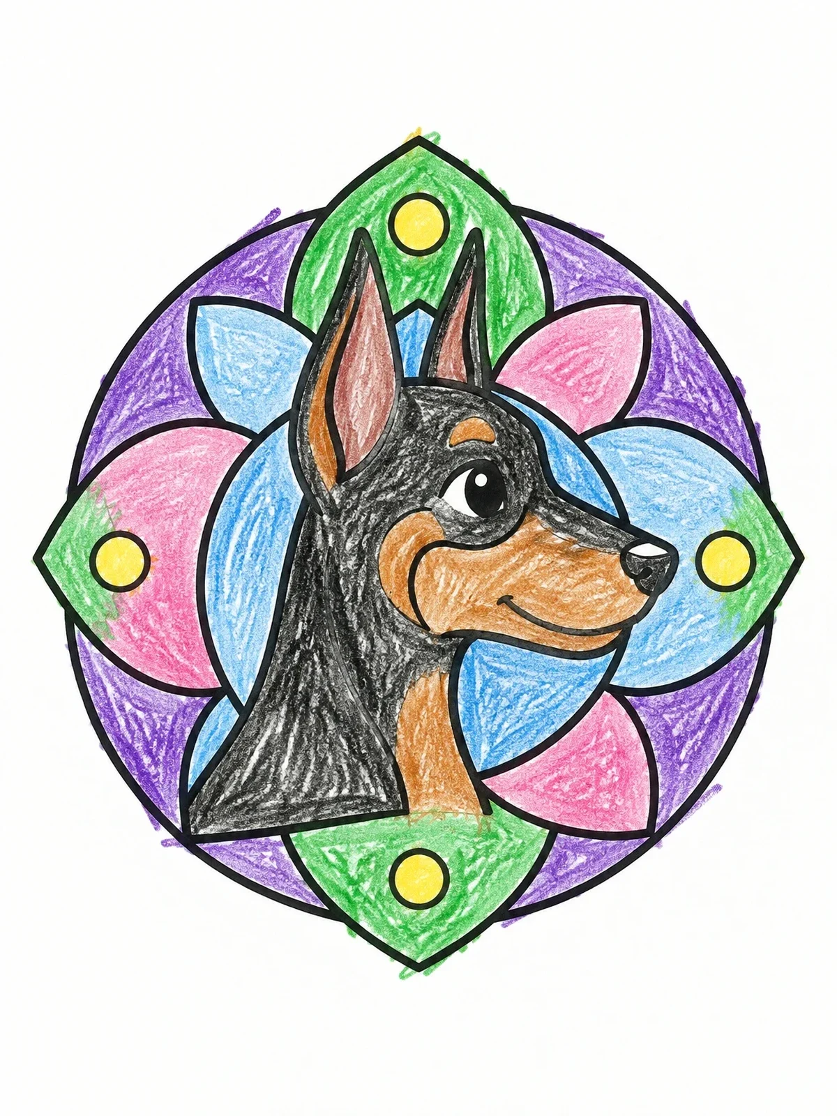 Colored example of the Cute Doberman Portrait With Floral Frame coloring page
