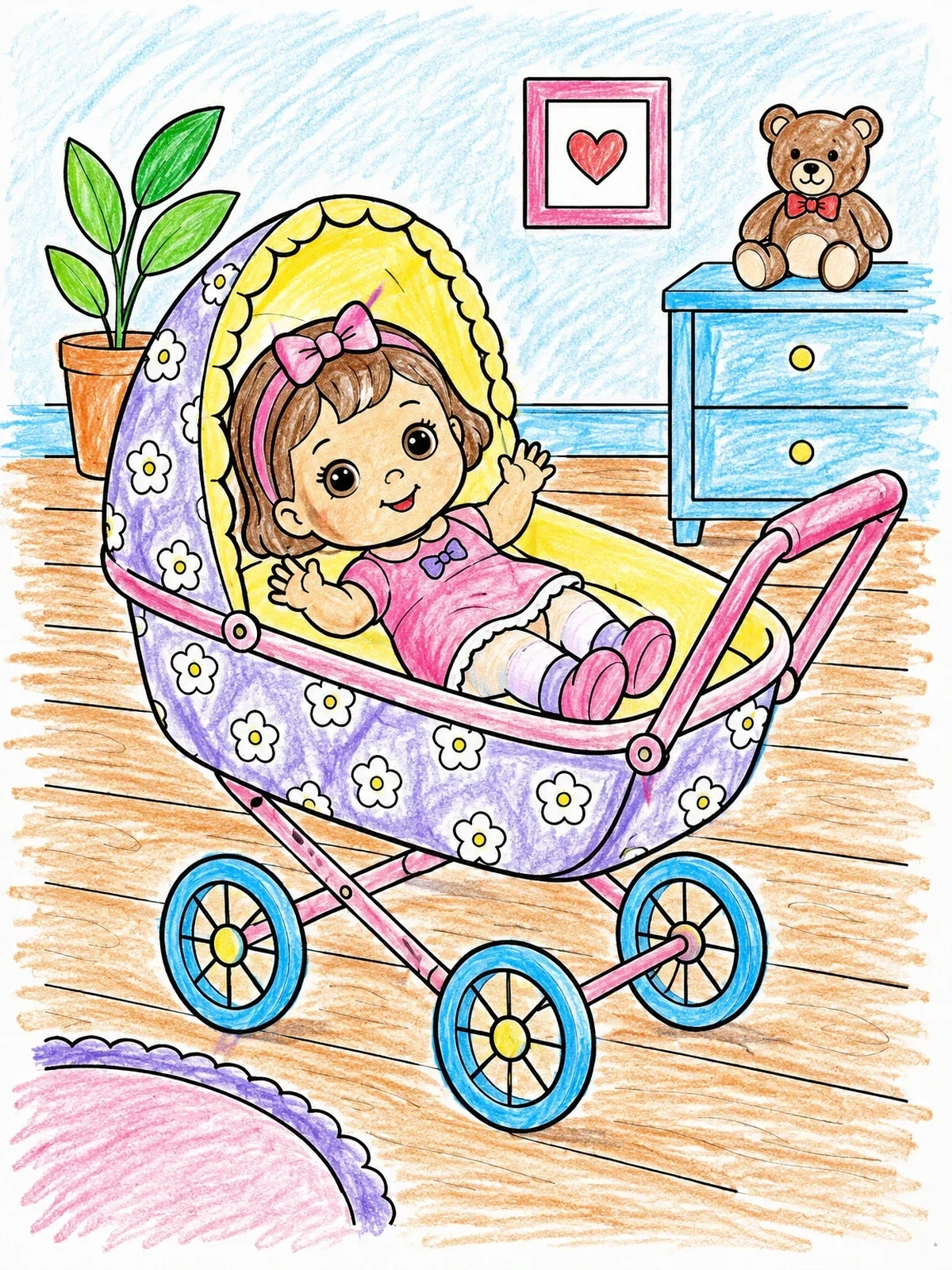 Colored example of the Cute Baby Doll In A Pram coloring page