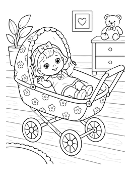 Free printable Cute Baby Doll In A Pram coloring page