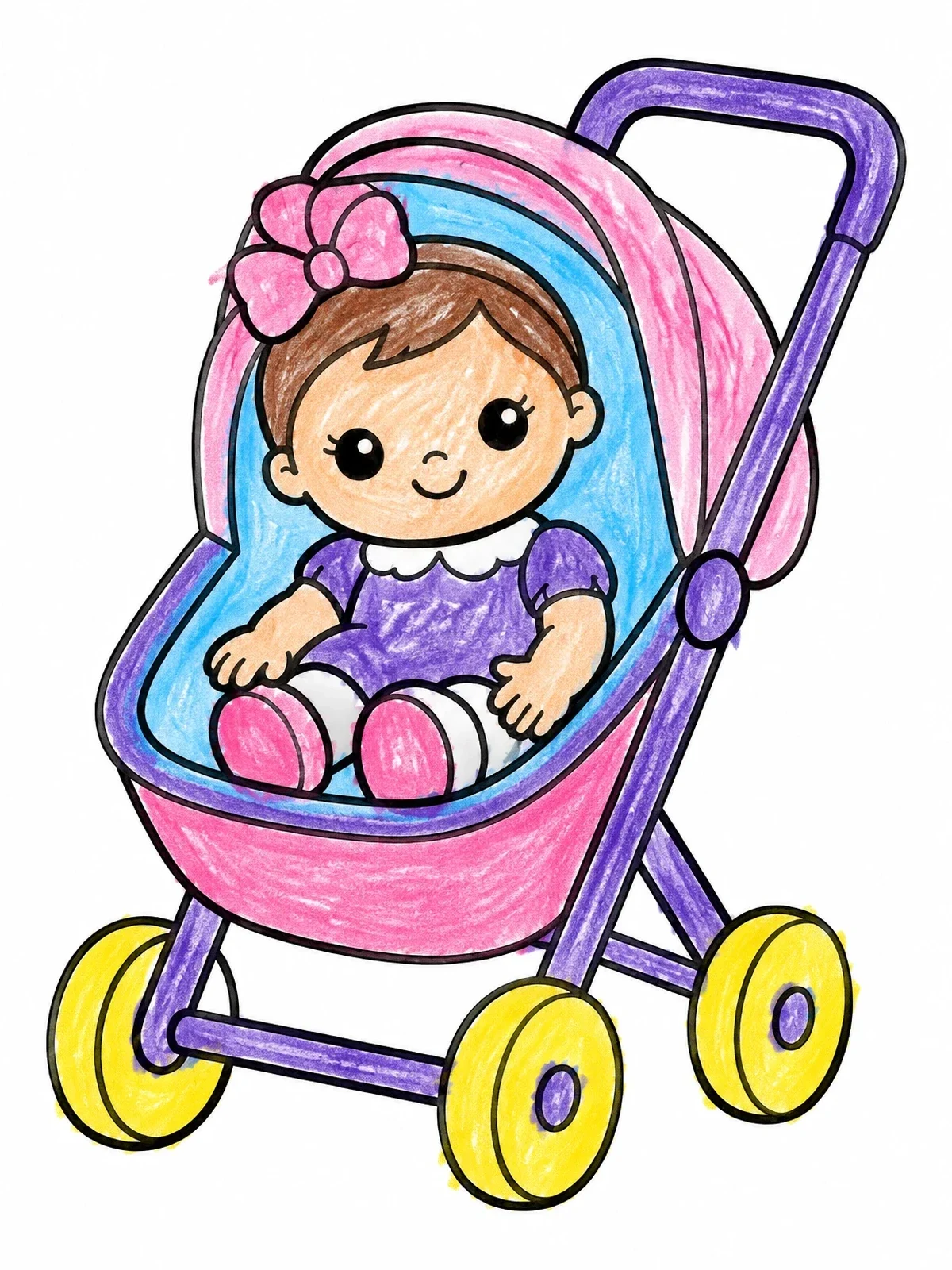 Colored example of the Baby Doll In A Toy Stroller coloring page