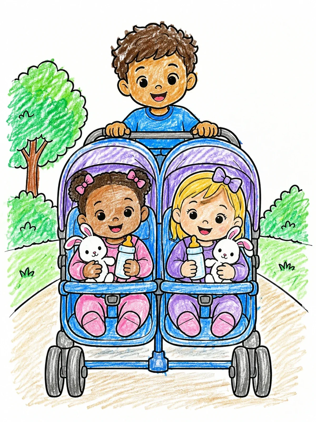 Colored example of the Twin Baby Dolls In A Stroller coloring page