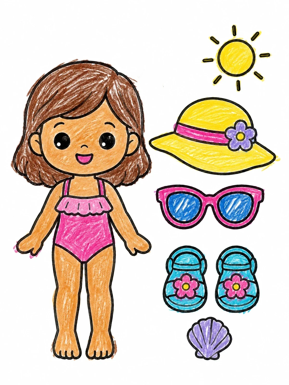 Colored example of the Beach Dress Up Toy Doll coloring page