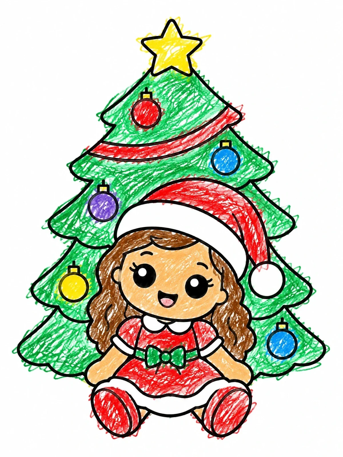 Colored example of the Toy Doll By Christmas Tree coloring page