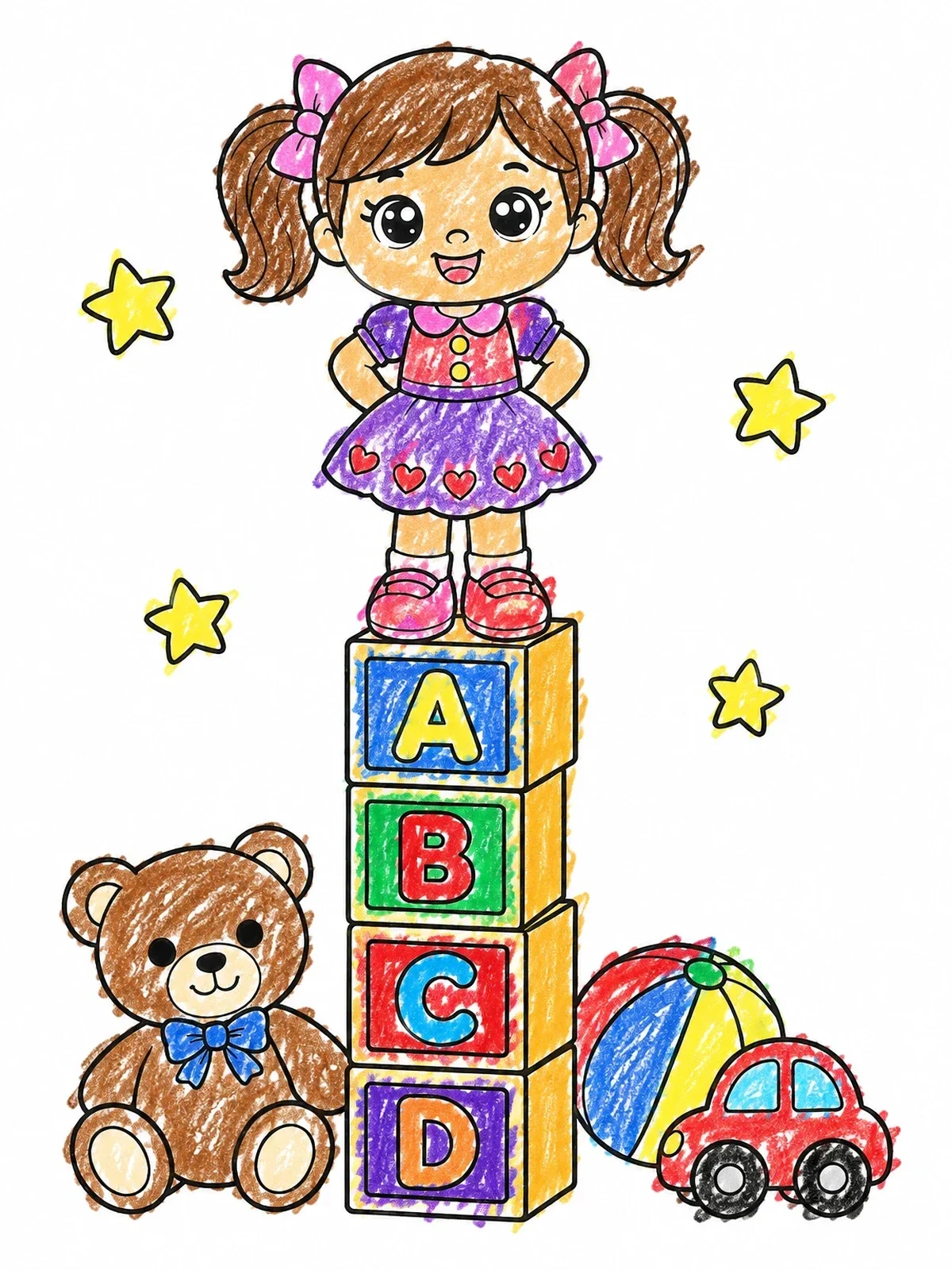 Colored example of the Doll Standing On Alphabet Blocks coloring page