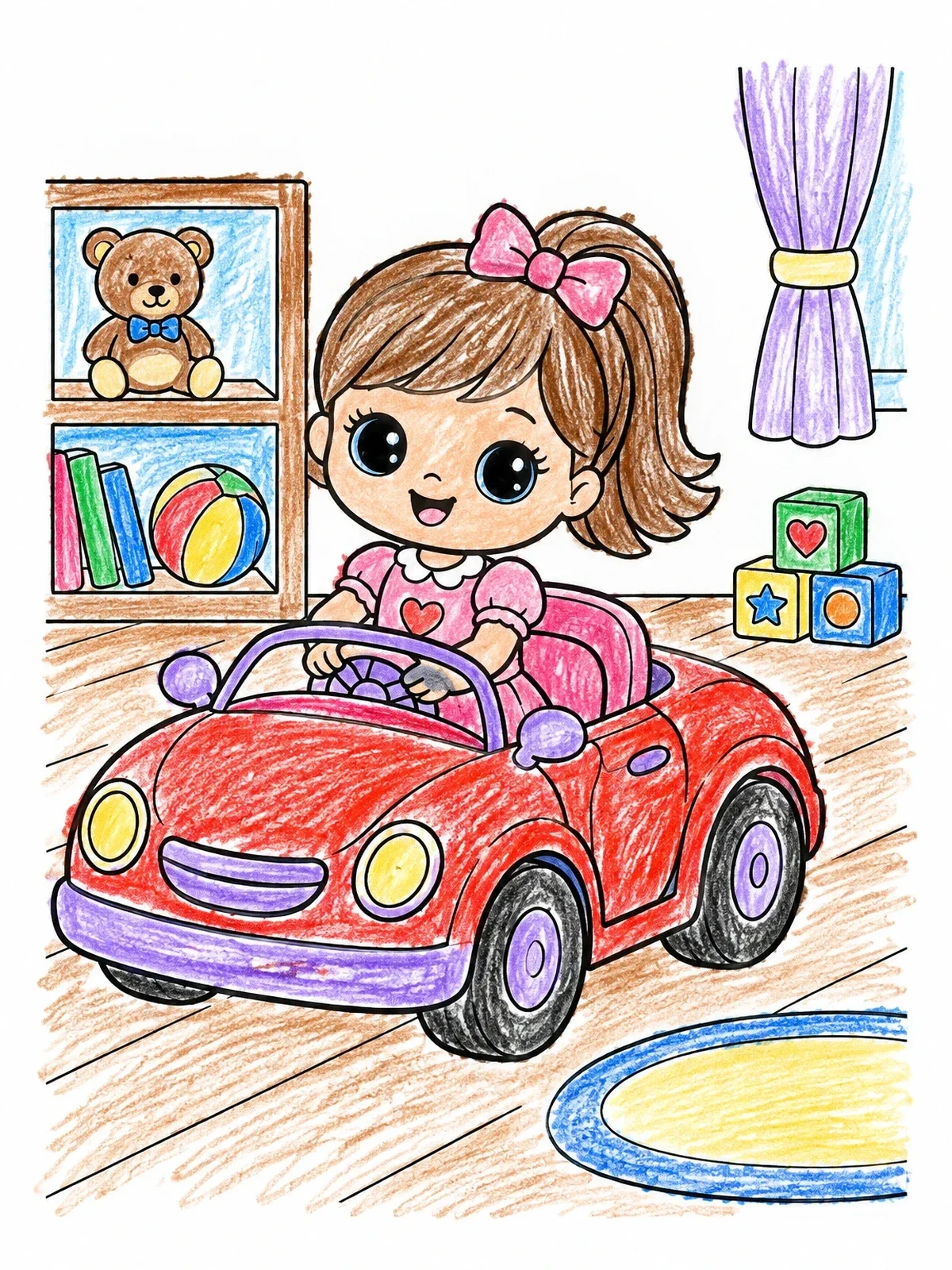 Colored example of the Cute Doll Driving Toy Car coloring page