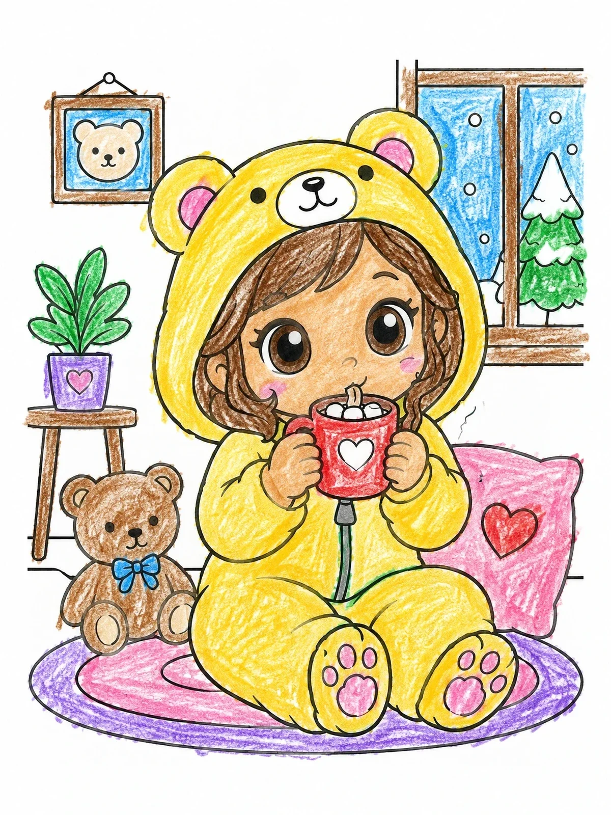 Colored example of the Cute Doll In Bear Onesie coloring page