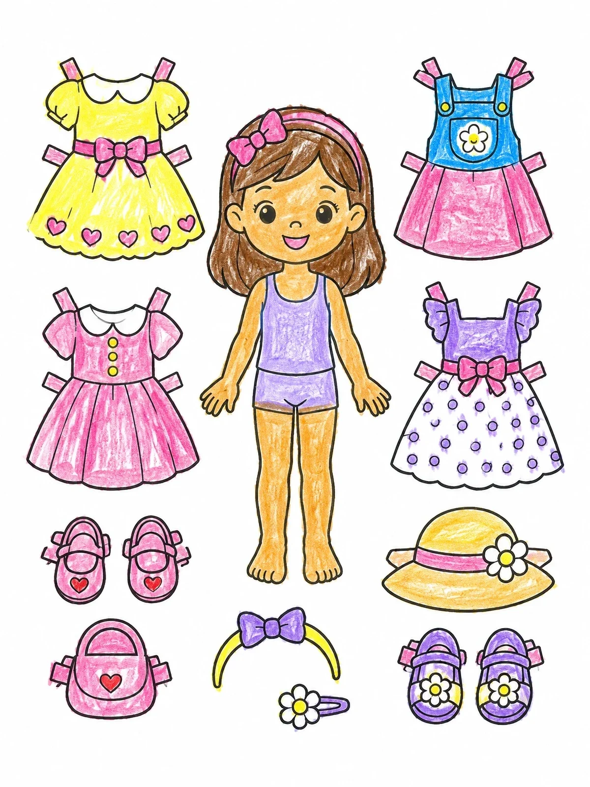 Colored example of the Paper Doll With Pretty Outfits coloring page