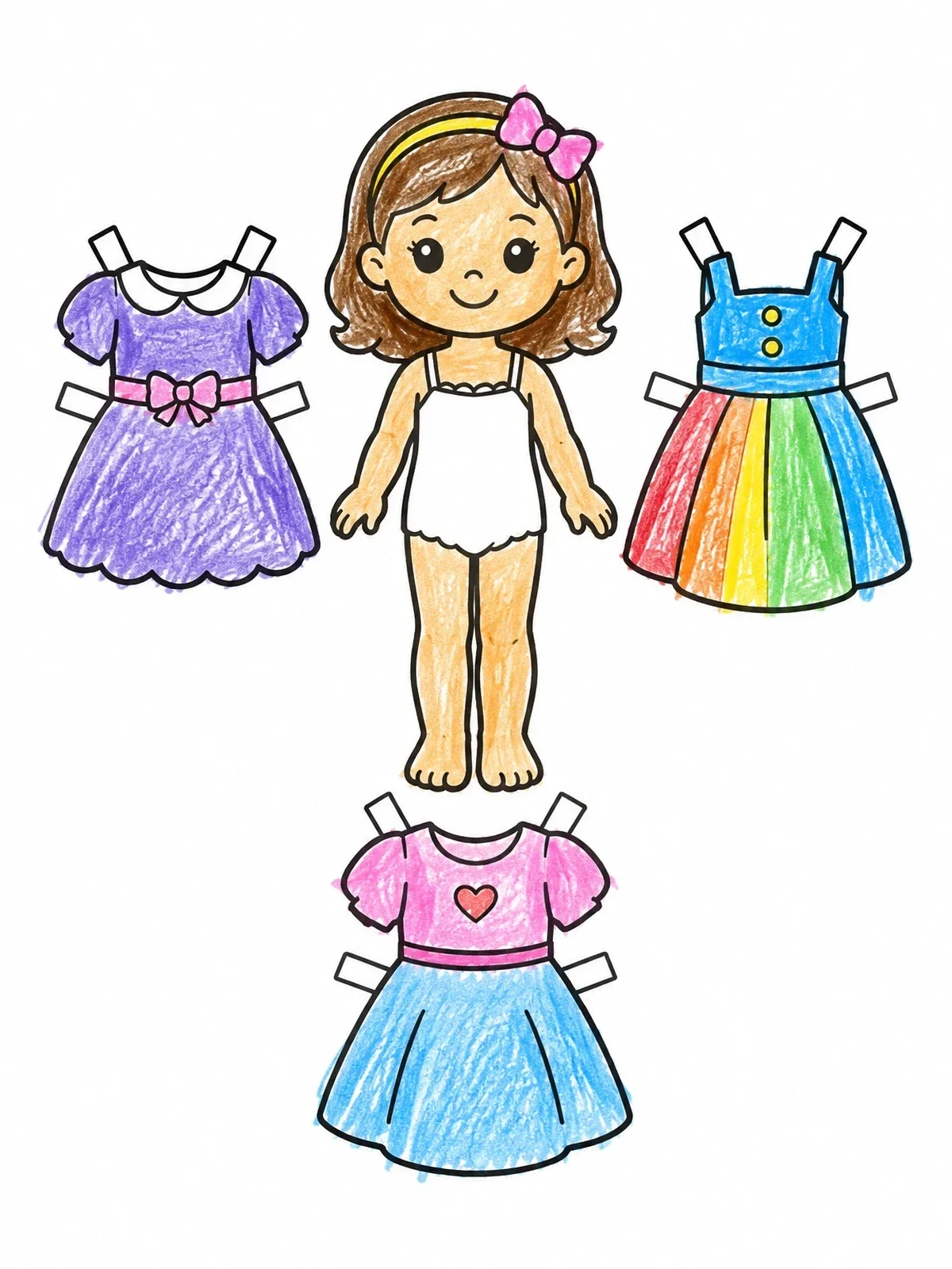 Colored example of the Paper Doll With Three Outfits coloring page