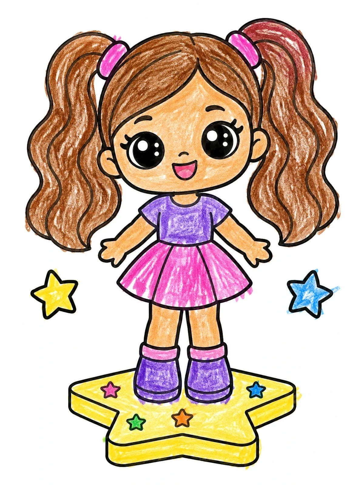 Colored example of the Cute Doll With Pigtails On Star coloring page