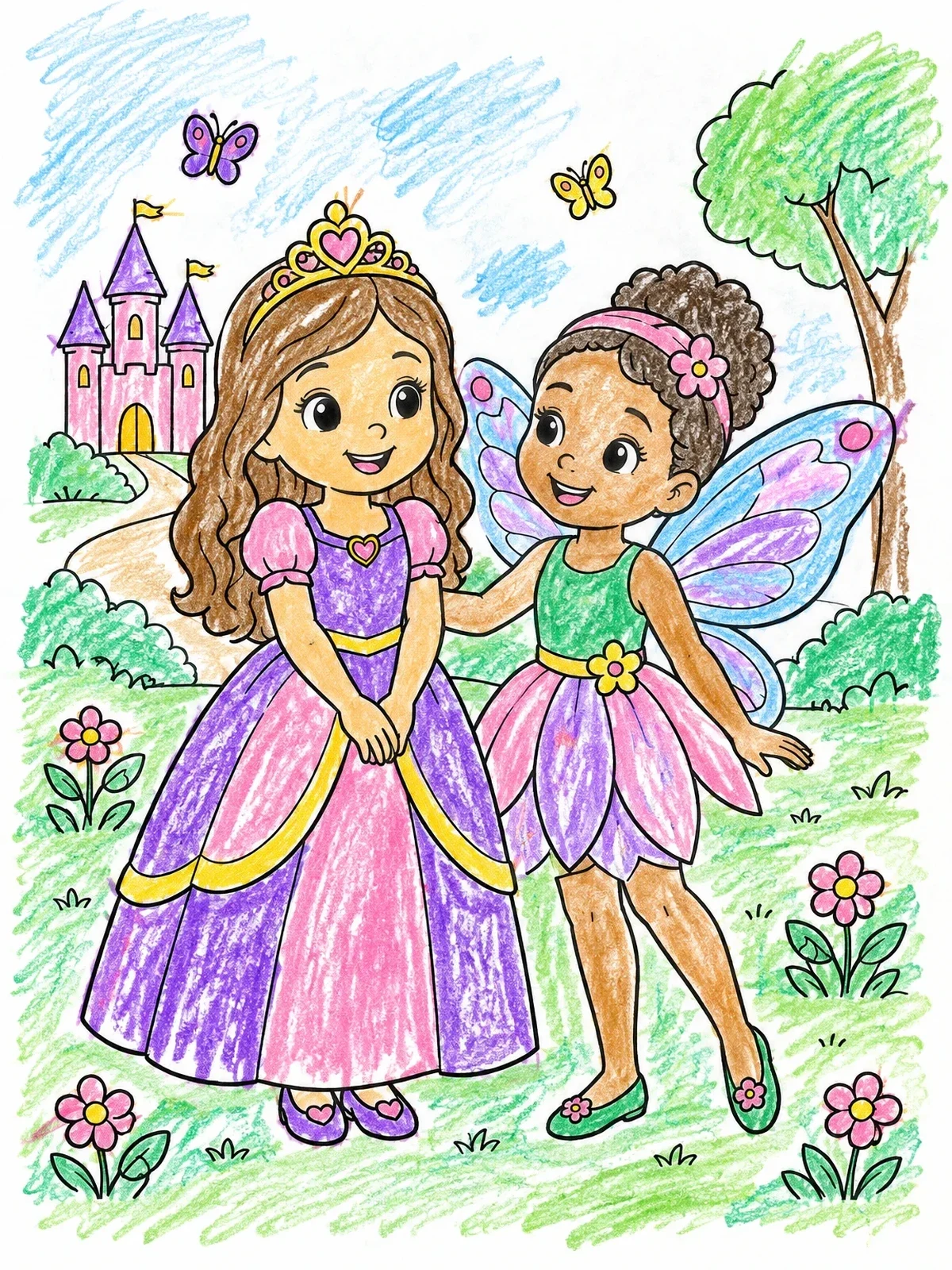 Colored example of the Princess Doll And Fairy Friend coloring page
