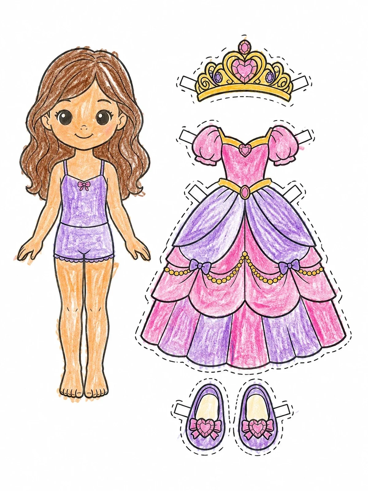 Colored example of the Princess Paper Doll With Ballgown coloring page