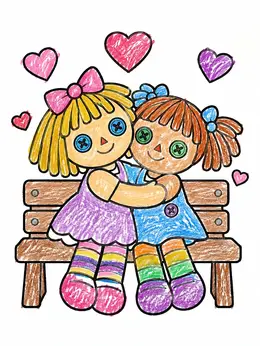 A Cute Rag Rag Dolls Hugging On Bench β Cute Doll Coloring Page