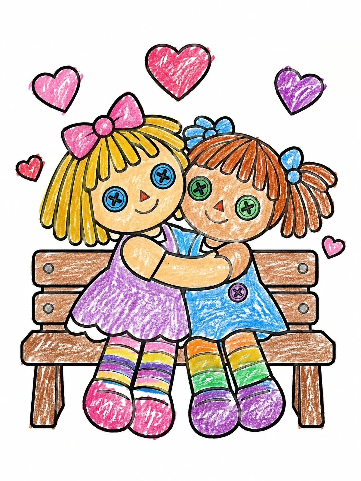 Colored example of the Rag Dolls Hugging On Bench coloring page