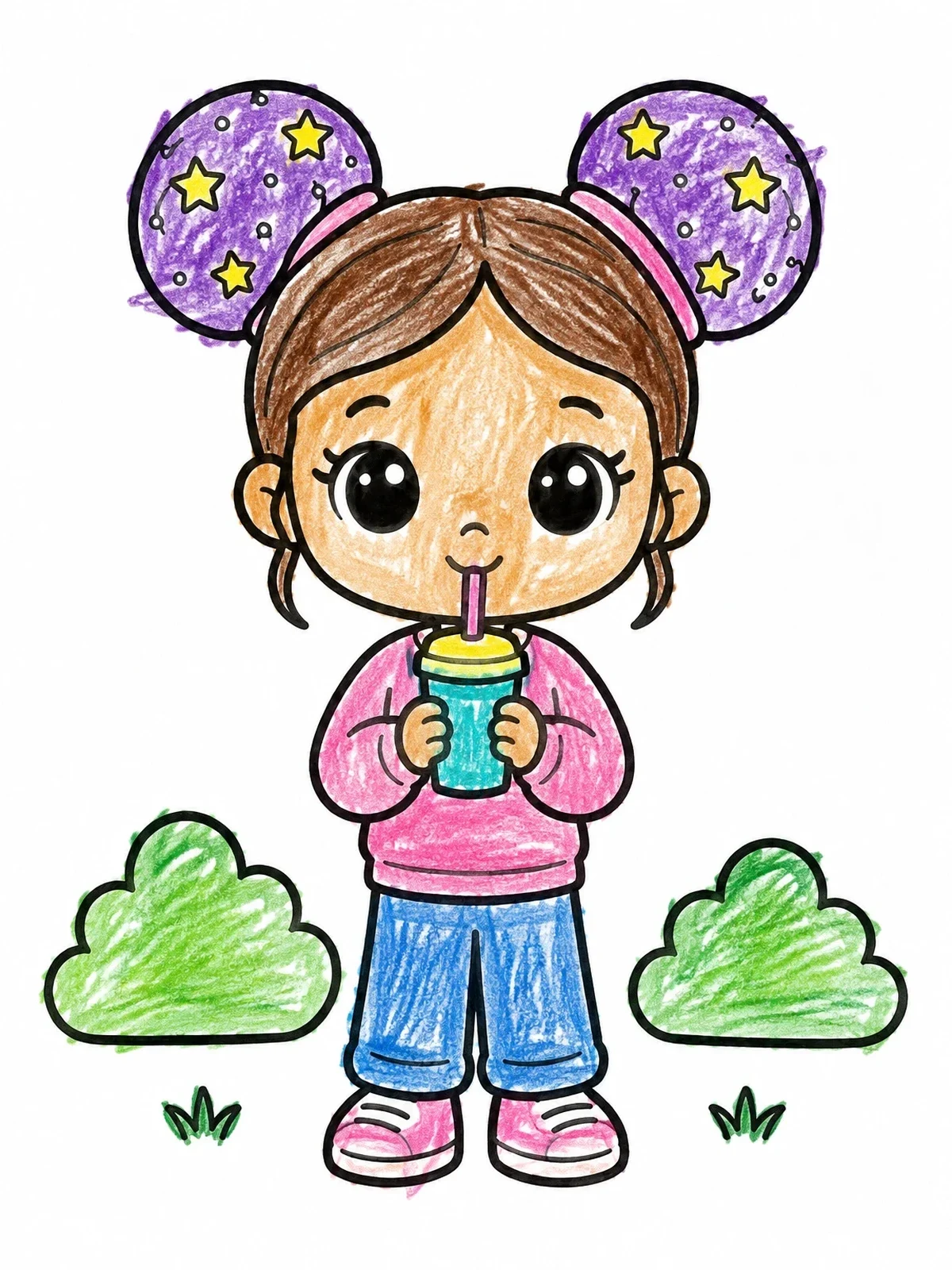 Colored example of the Cute Doll With Space Buns Drinking Juice coloring page