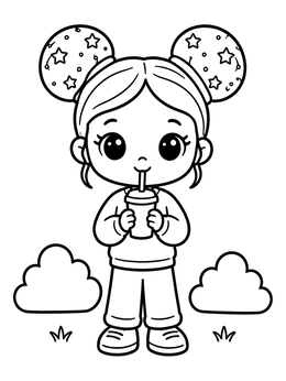 Free printable Cute Doll With Space Buns Drinking Juice coloring page