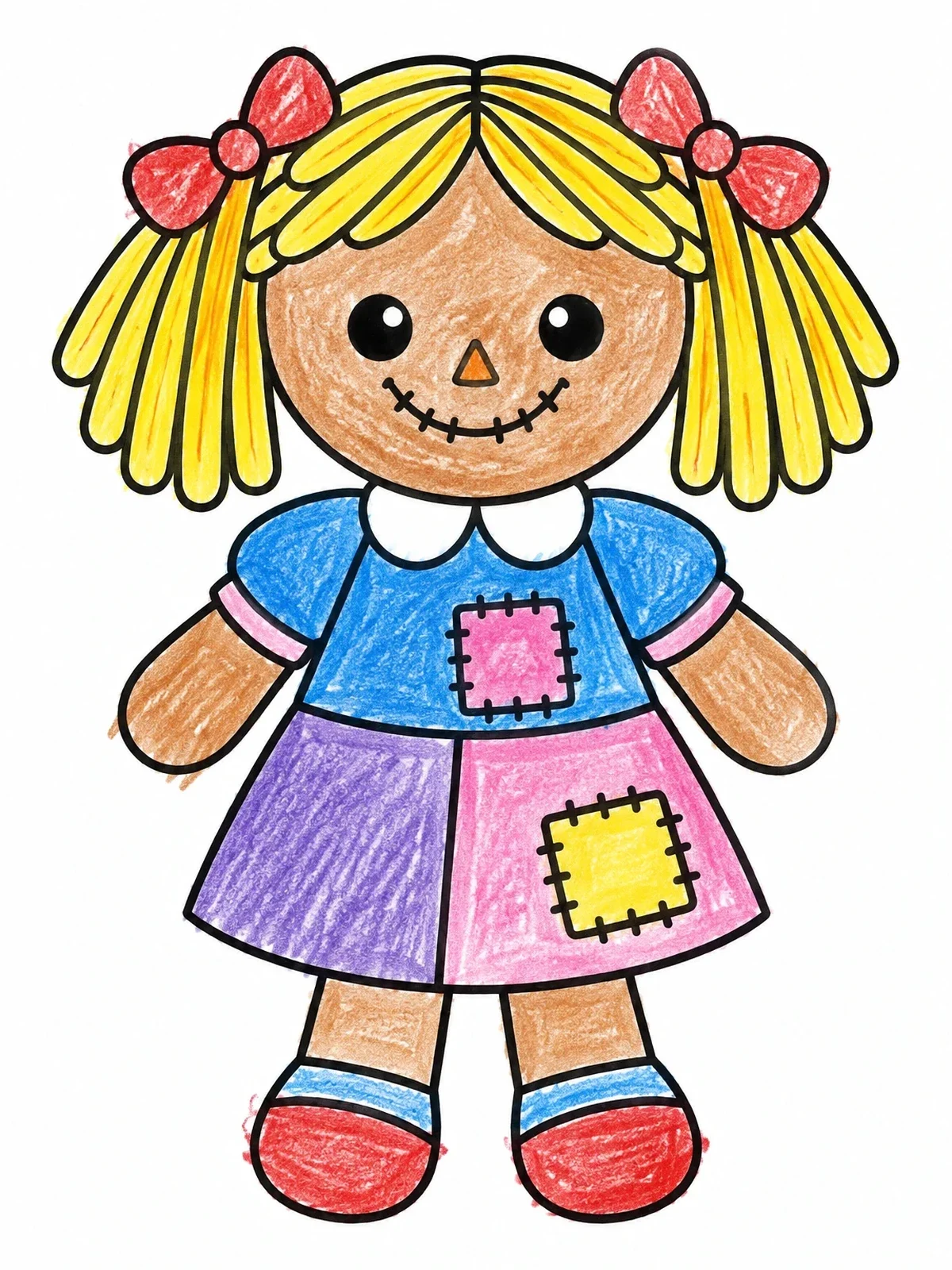 Colored example of the Sweet Rag Doll With Patchwork Dress coloring page