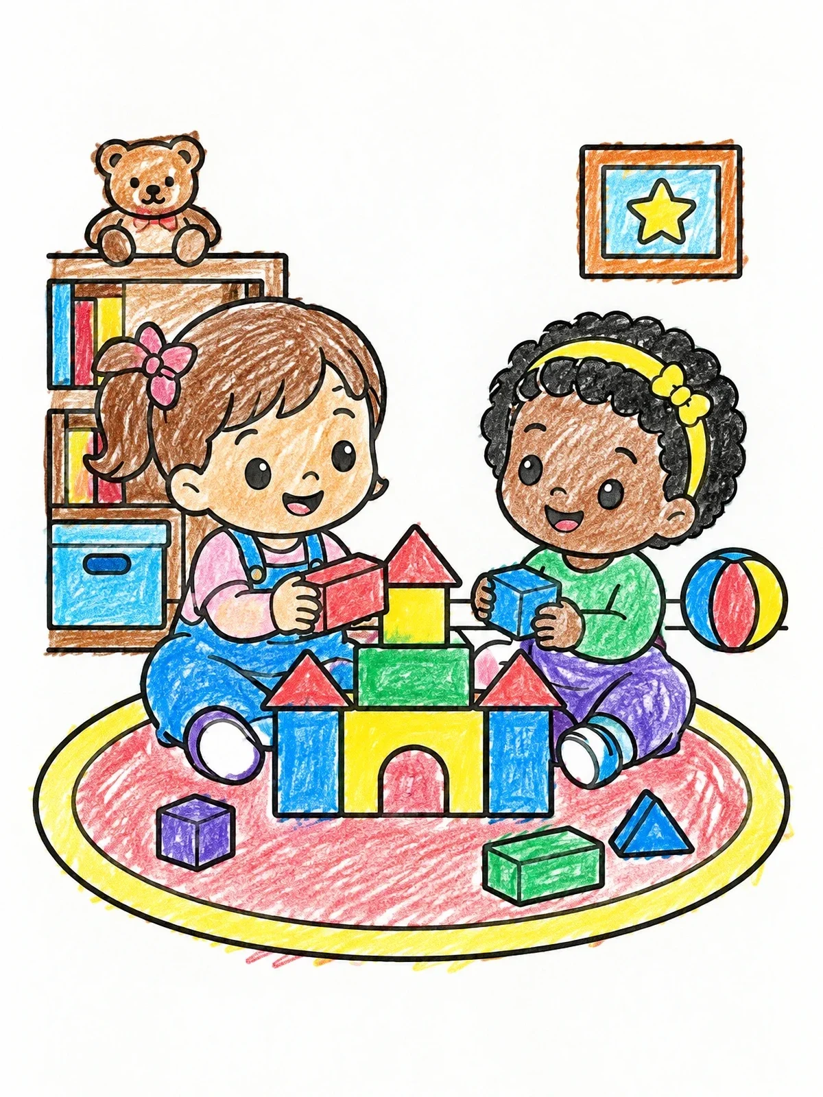 Colored example of the Toddler Dolls Playing With Blocks coloring page
