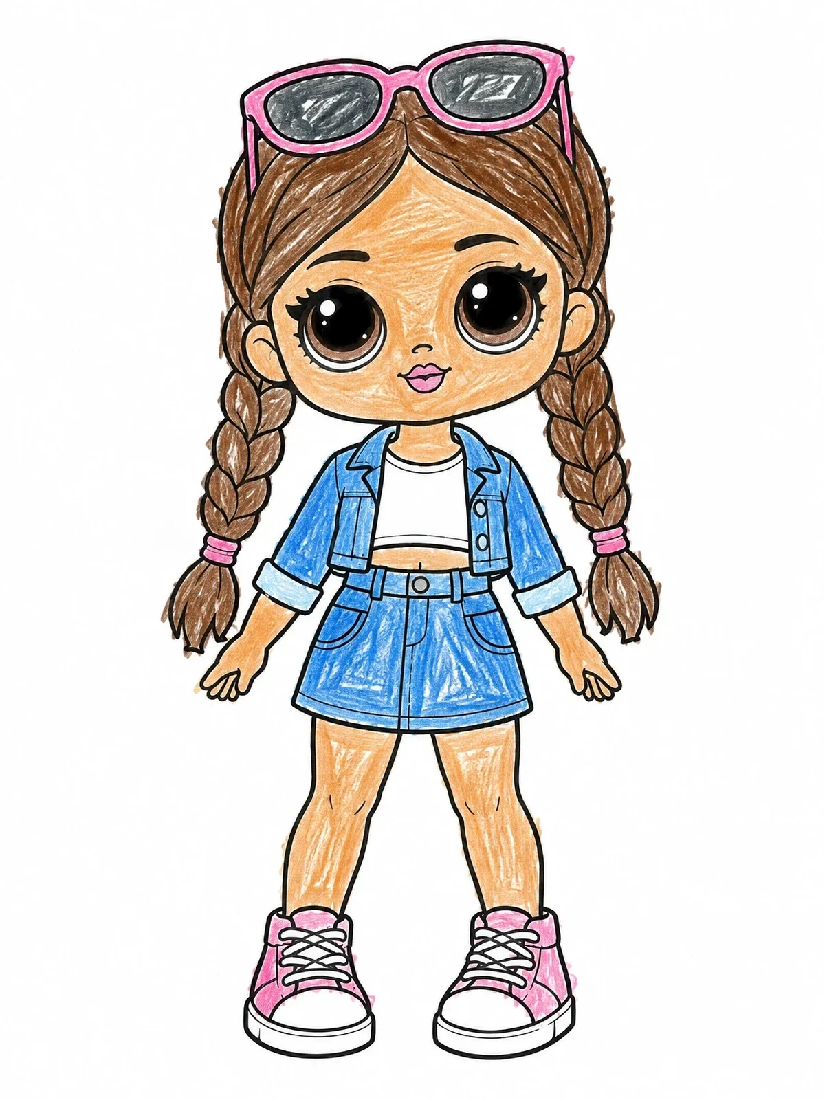 Colored example of the Trendy Fashion Doll With Braids coloring page