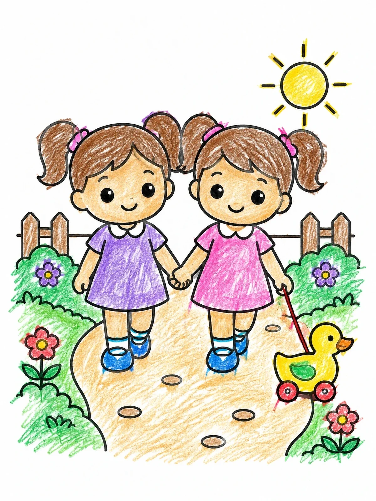 Colored example of the Twin Dolls With Toy Duck coloring page