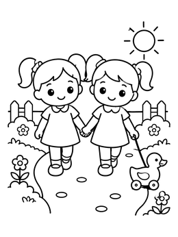Free printable Twin Dolls With Toy Duck coloring page