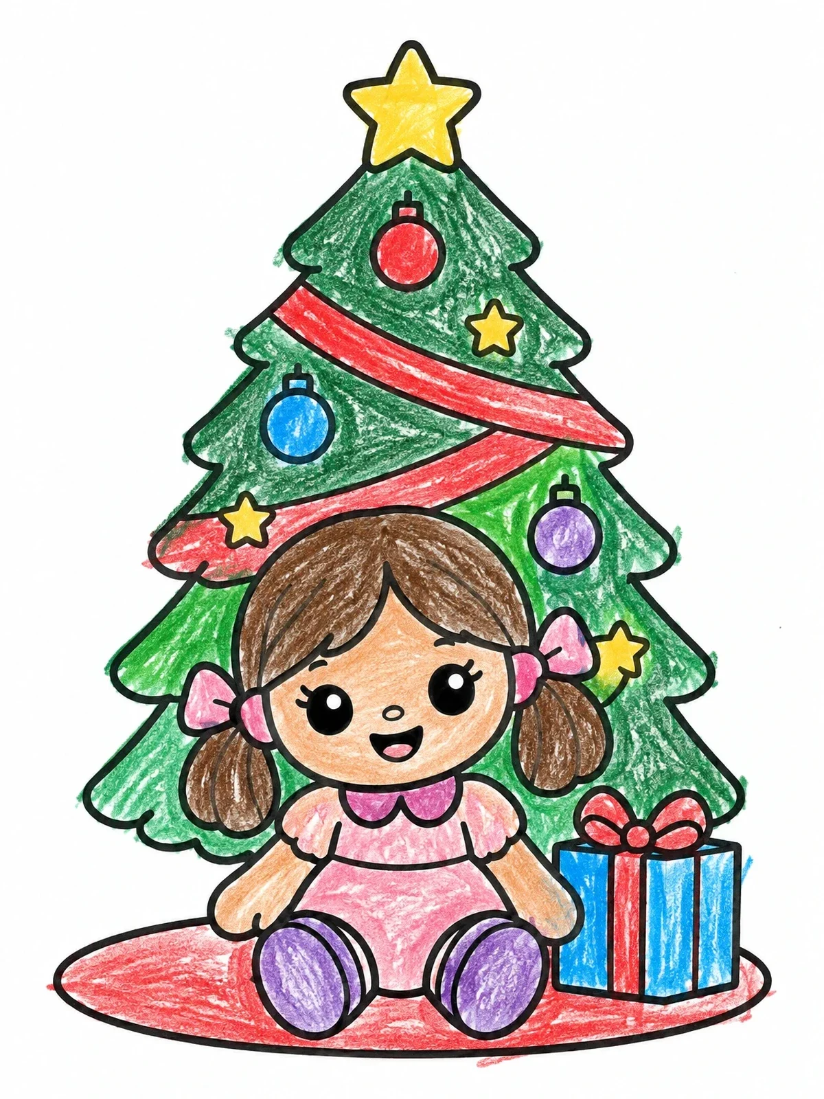 Colored example of the Cute Doll Under The Holiday Tree coloring page