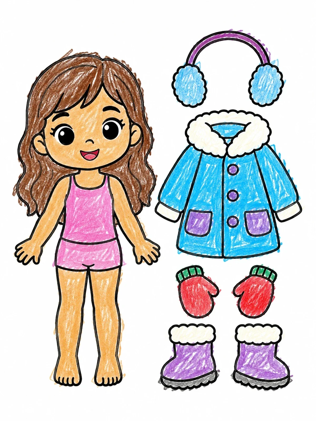 Colored example of the Winter Paper Doll With Clothes coloring page