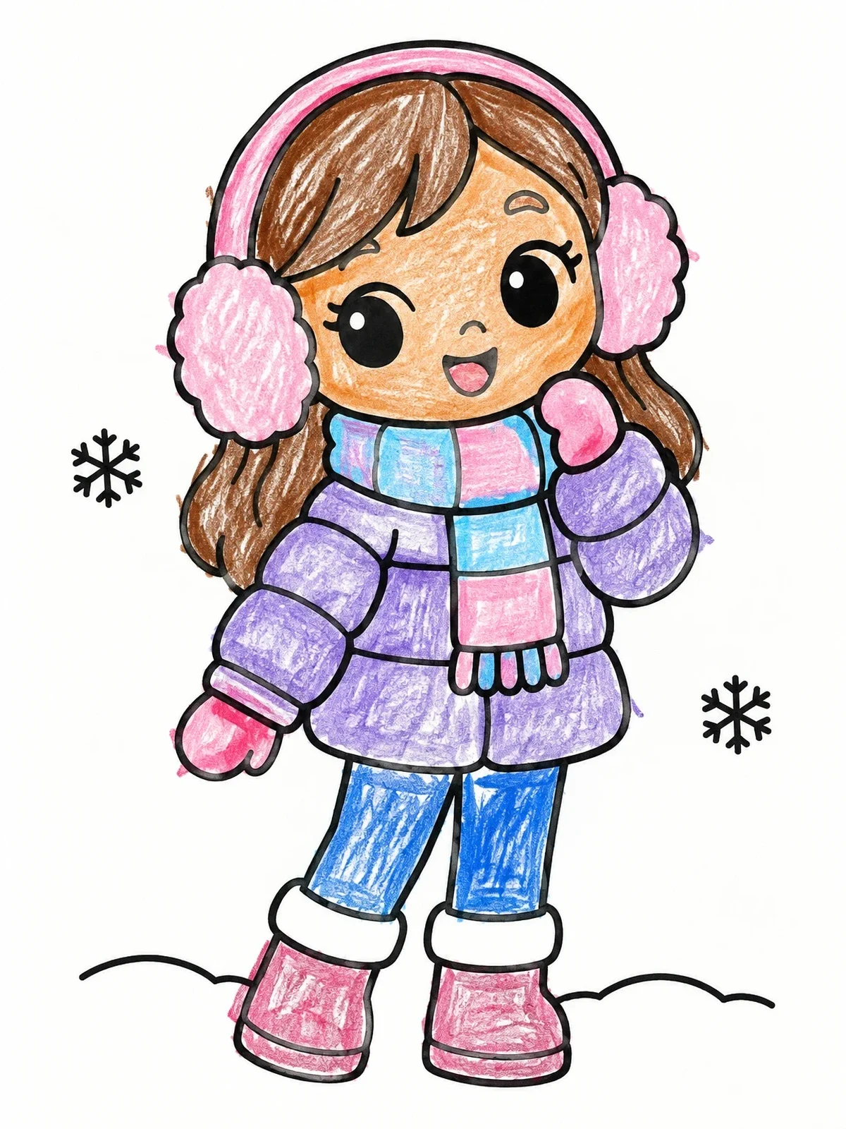 Colored example of the Cute Doll In Winter Puffer Jacket coloring page