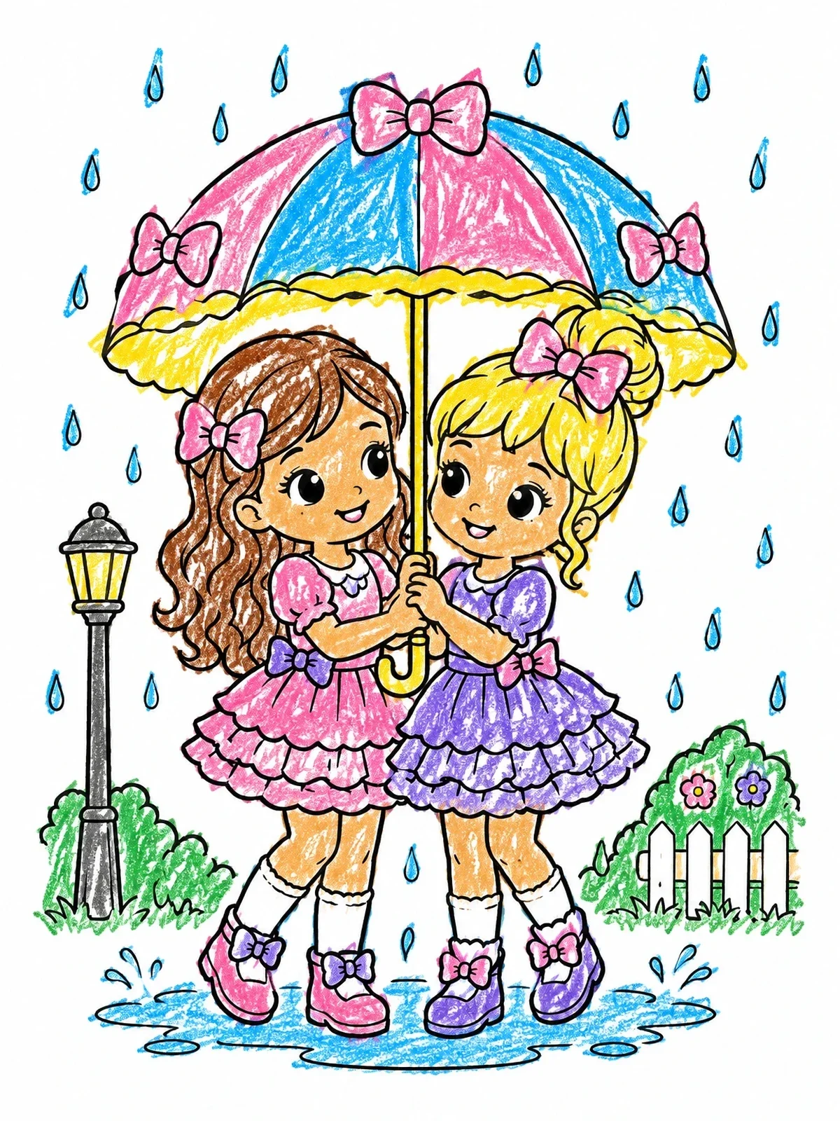 Colored example of the Two Cute Dolls Sharing An Umbrella coloring page