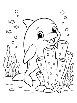 A smiling dolphin peeking behind coral in this dolphin coloring page.