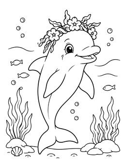 A dolphin coloring page showing a friendly dolphin wearing a pretty crown of sea blossoms underwater.