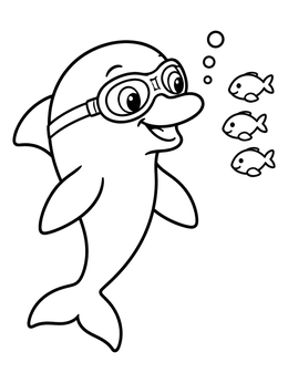 A cheerful dolphin coloring page featuring a dolphin in swim goggles looking at three small fish.
