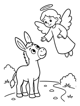 A sweet donkey coloring page featuring a smiling angel hovering on a path.